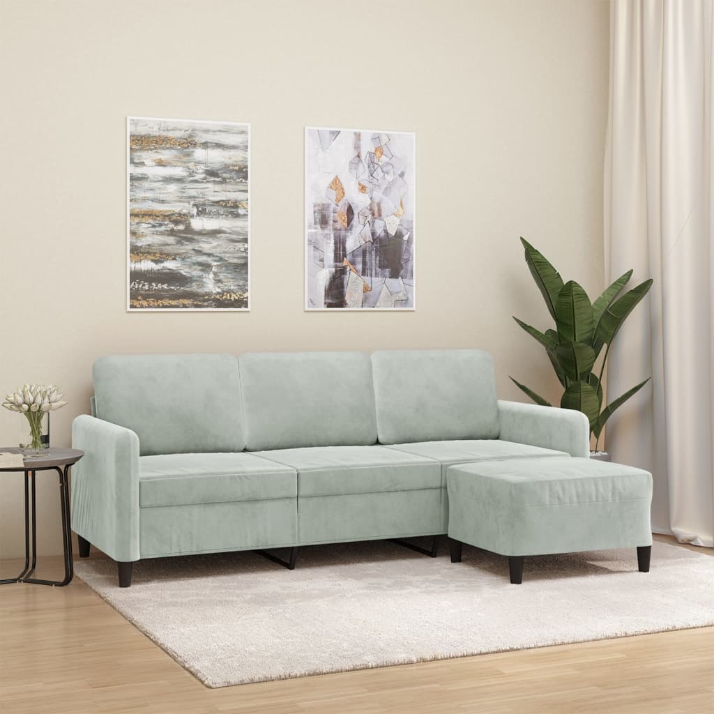 3-personers sofa med fodskammel 180 cm velour lysegrå