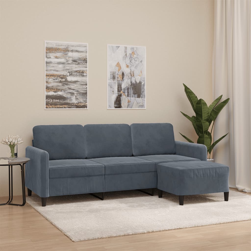 vidaXL 3-personers sofa med fodskammel 180 cm velour mørkegrå