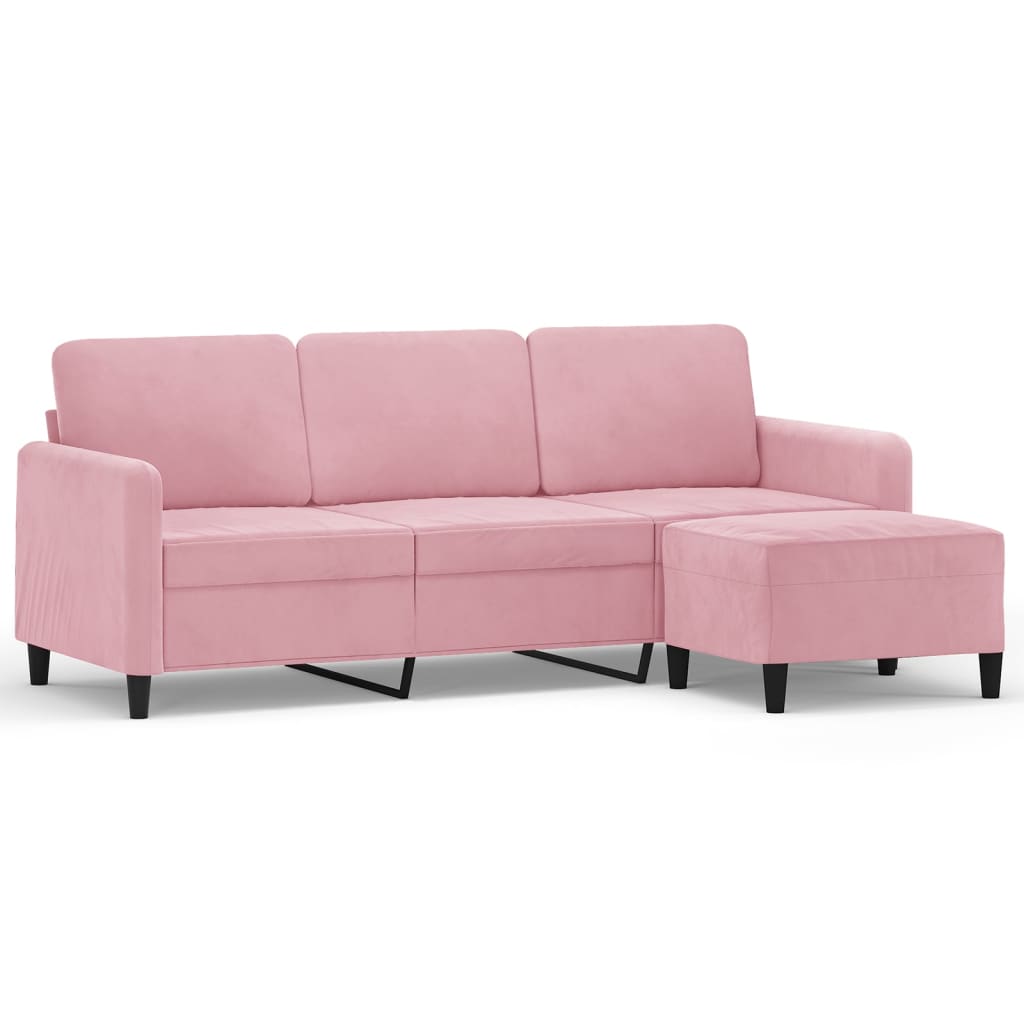 3-personers sofa med fodskammel 180 cm velour lyserød