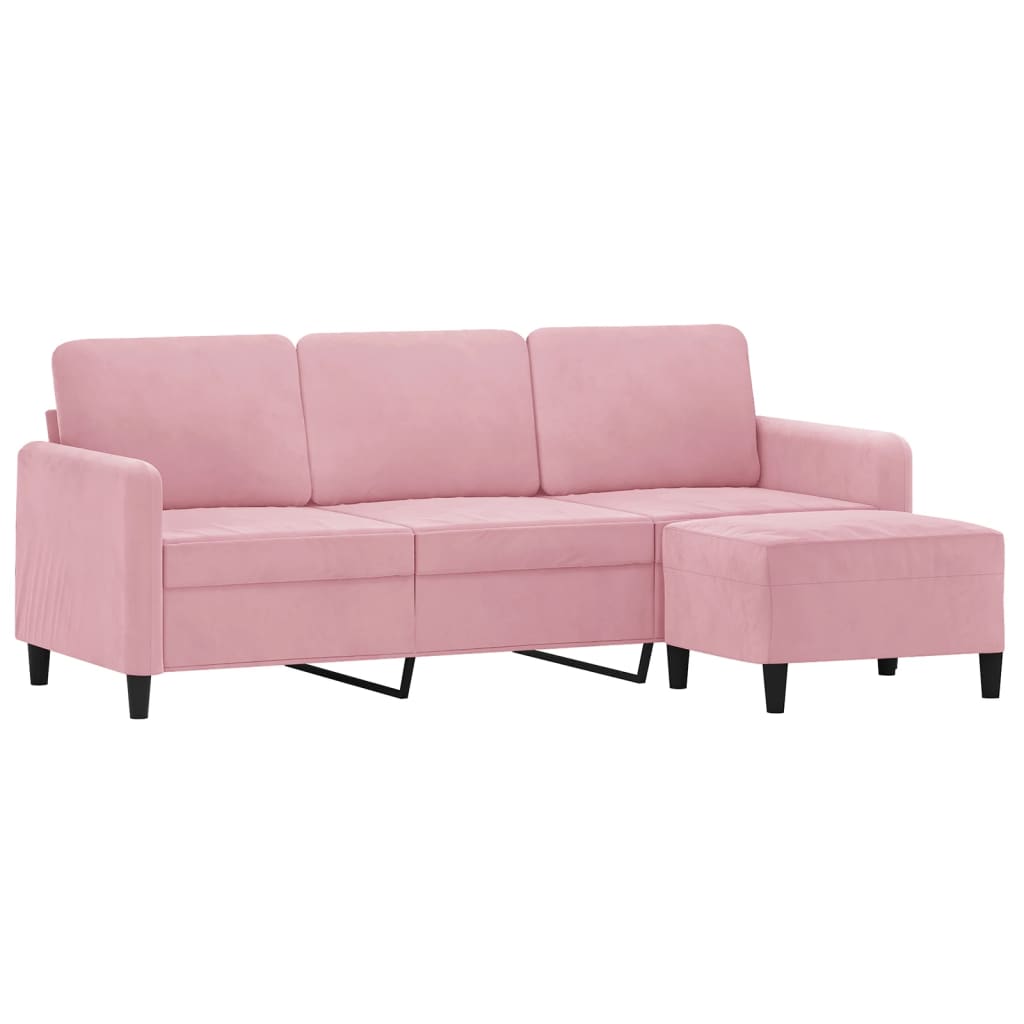 3-personers sofa med fodskammel 180 cm velour lyserød