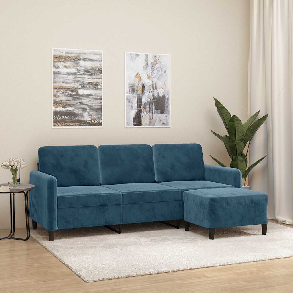 3-personers sofa med fodskammel 180 cm velour bl