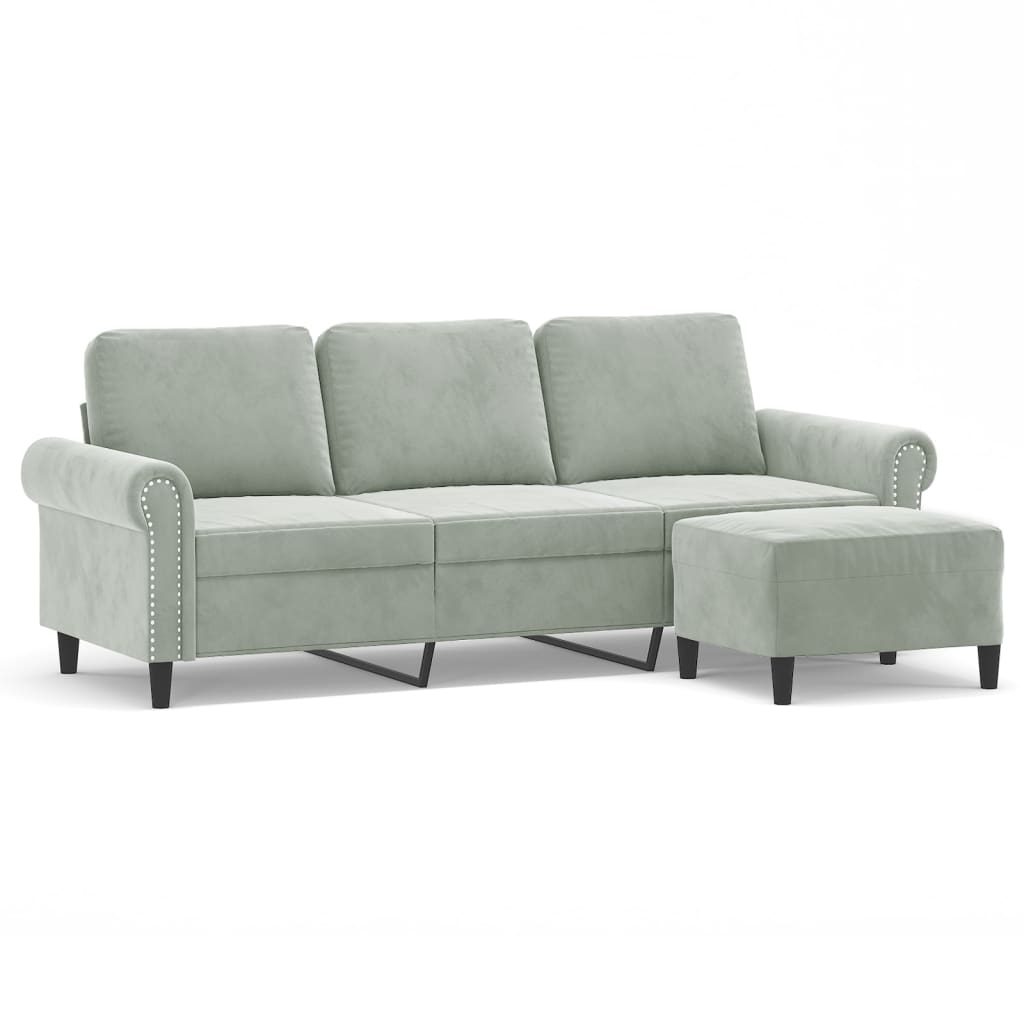 3-personers sofa med fodskammel 180 cm velour lysegrå