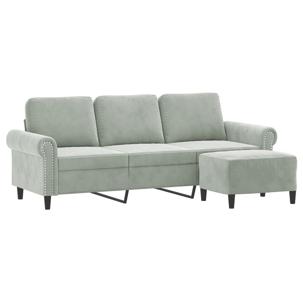 3-personers sofa med fodskammel 180 cm velour lysegrå