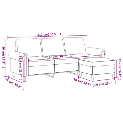 3-personers sofa med fodskammel 180 cm velour lysegrå