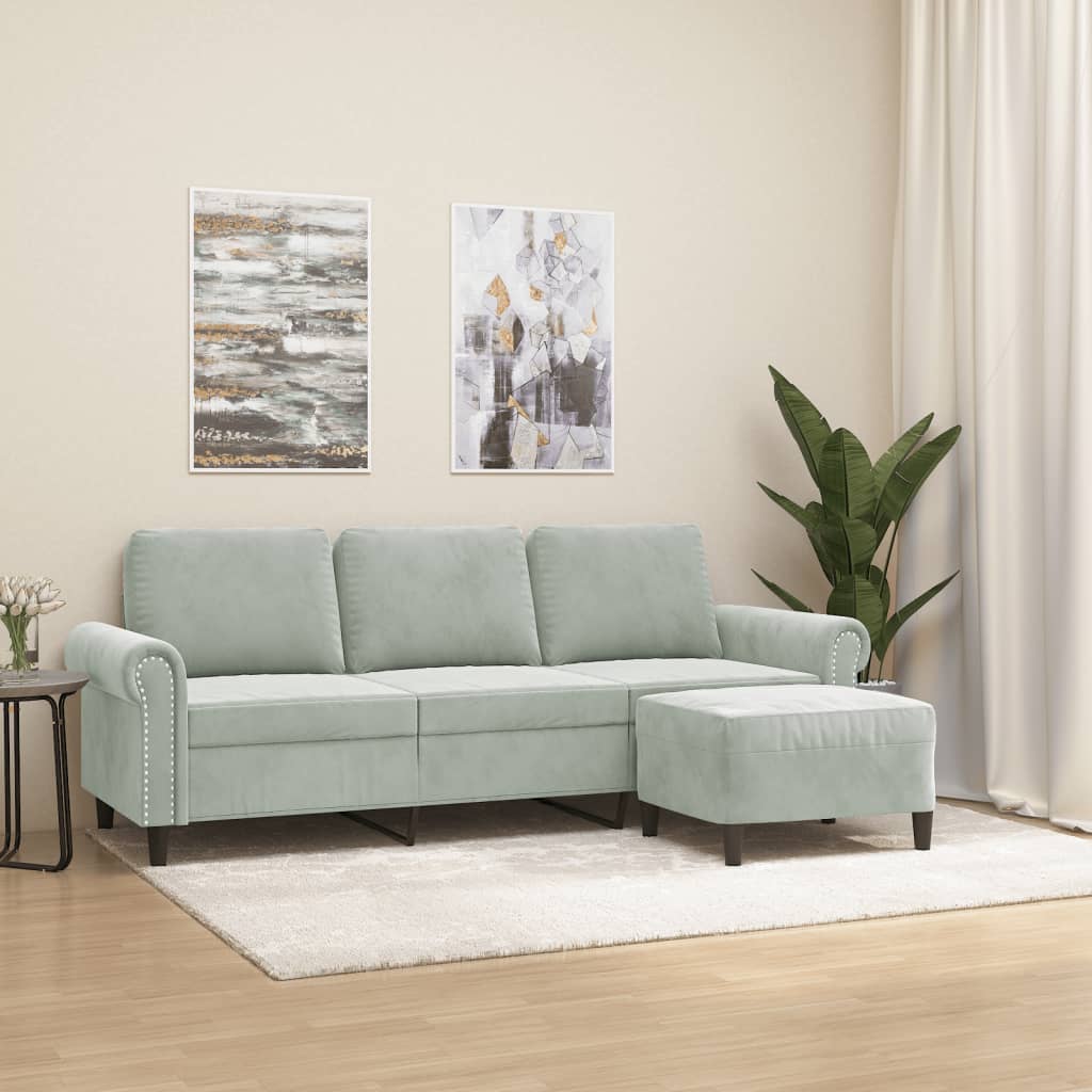 3-personers sofa med fodskammel 180 cm velour lysegr
