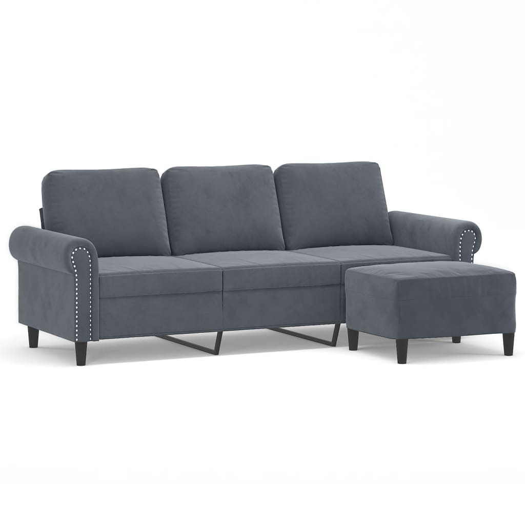 3-personers sofa med fodskammel 180 cm velour mørkegrå