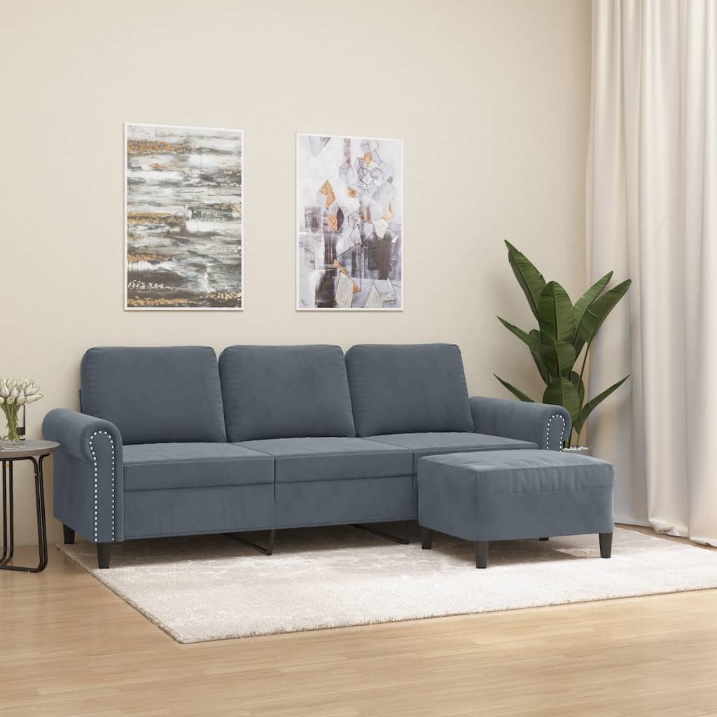 3-personers sofa med fodskammel 180 cm velour mørkegrå