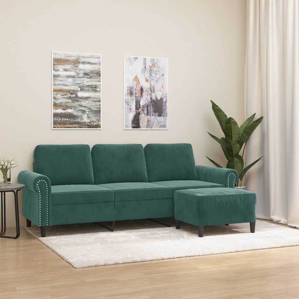 3-personers sofa med fodskammel 180 cm velour Mørkegrøn