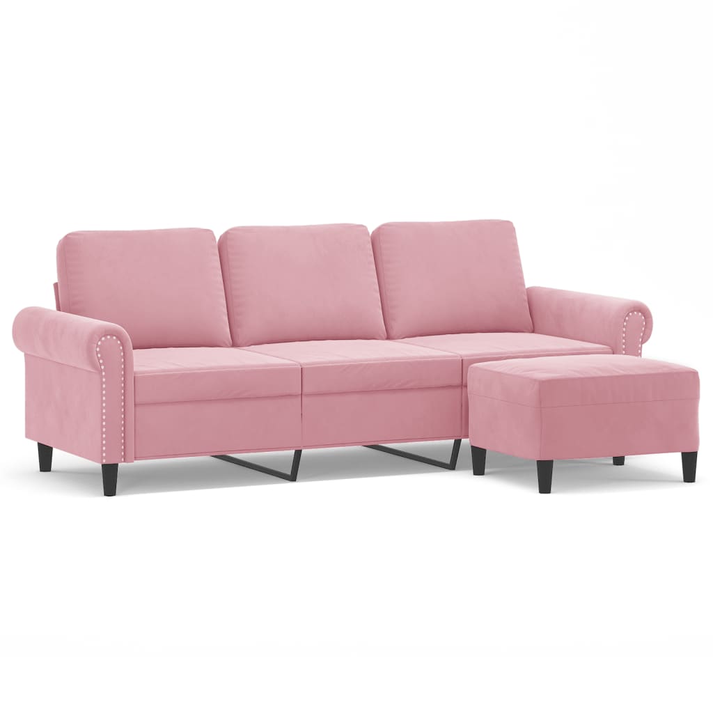 3-personers sofa med fodskammel 180 cm velour lyserød