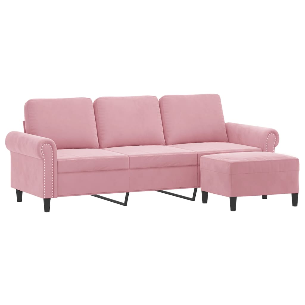 3-personers sofa med fodskammel 180 cm velour lyserød