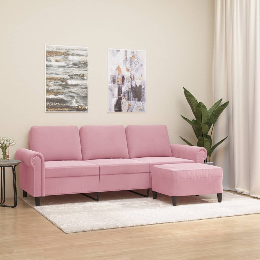 3-personers sofa med fodskammel 180 cm velour lyserød