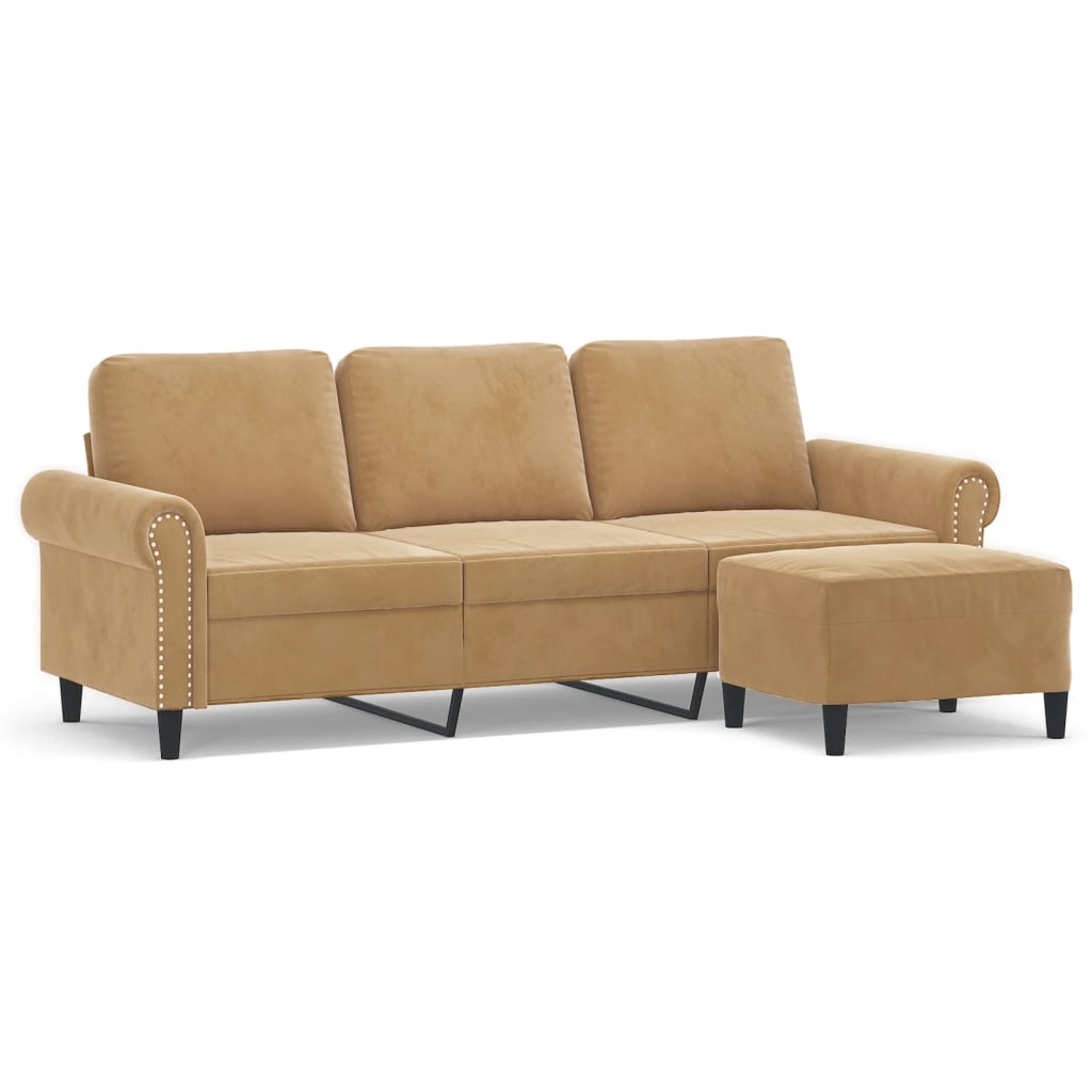 3-personers sofa med fodskammel 180 cm velour brun