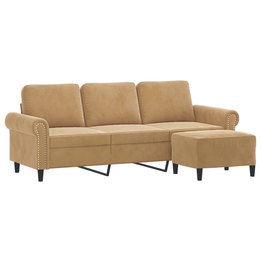3-personers sofa med fodskammel 180 cm velour brun