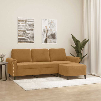 3-personers sofa med fodskammel 180 cm velour brun