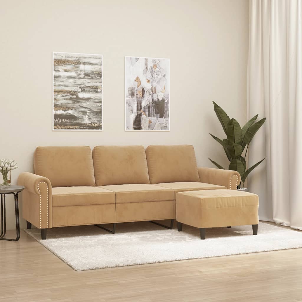 3-personers sofa med fodskammel 180 cm velour brun