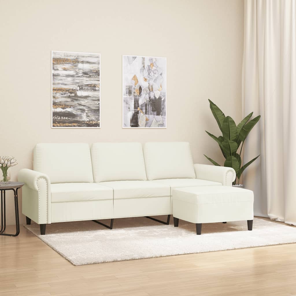 3-personers sofa med fodskammel 180 cm velour cremefarvet