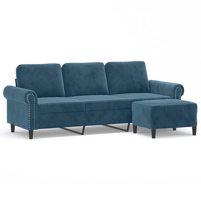 3-personers sofa med fodskammel 180 cm velour blå
