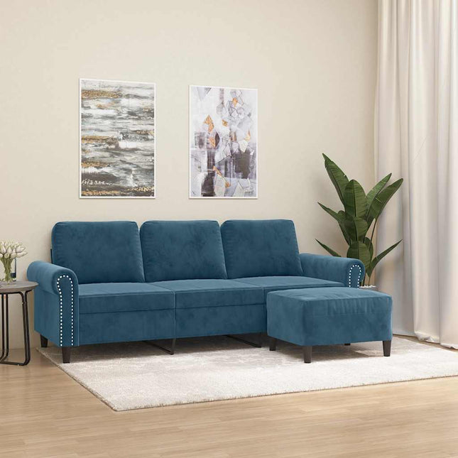 3-personers sofa med fodskammel 180 cm velour blå