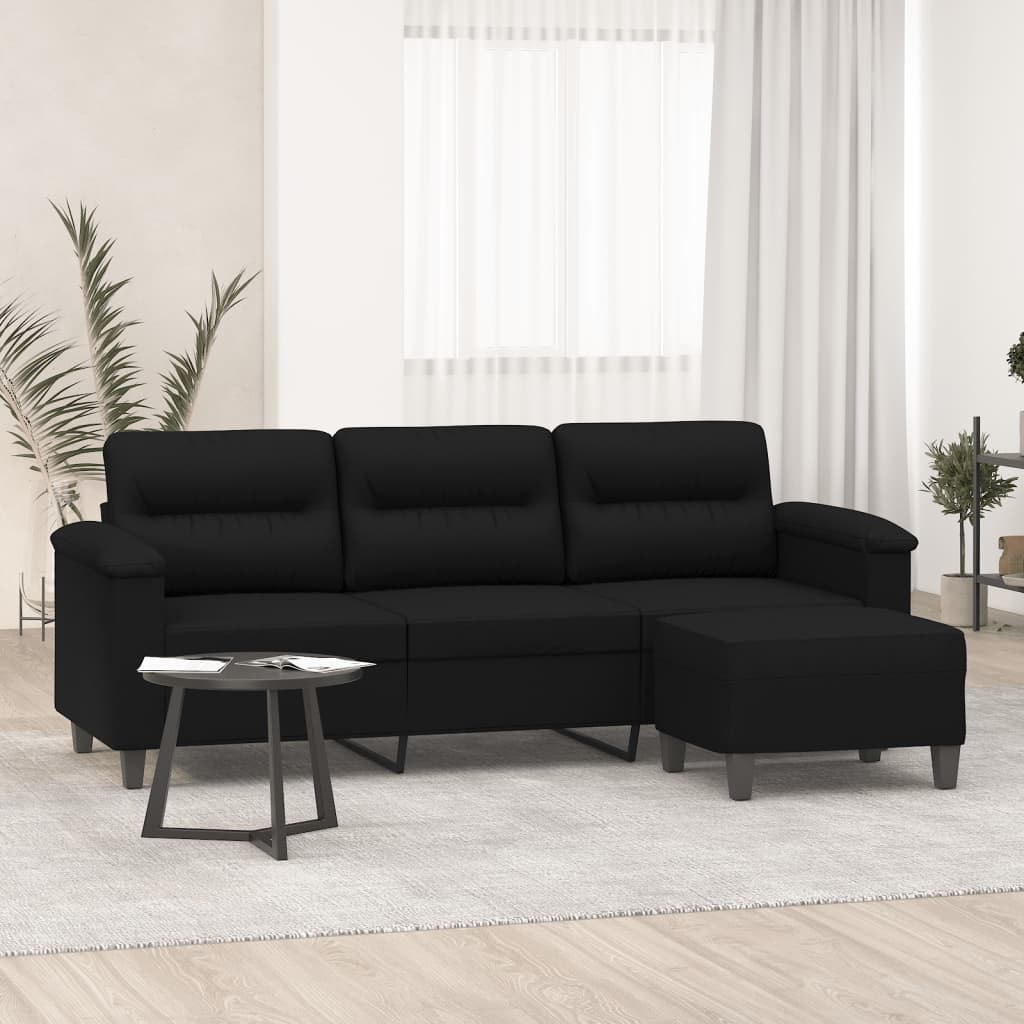 vidaXL 3-personers sofa med fodskammel 180 cm mikrofiberstof sort