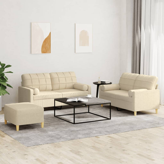 sofasæt 3 dele med puder stof cremefarvet