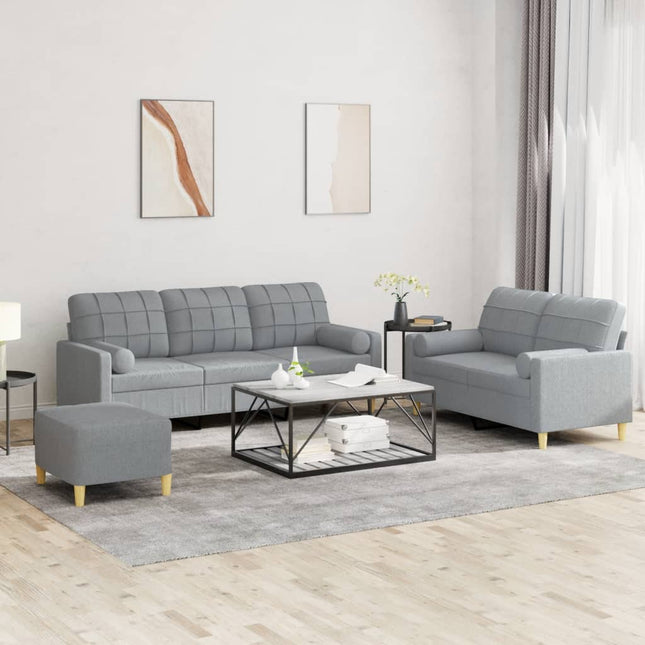 sofasæt 3 dele med puder stof lysegrå