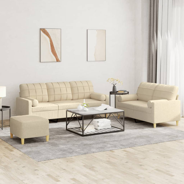 sofasæt 3 dele med puder stof cremefarvet