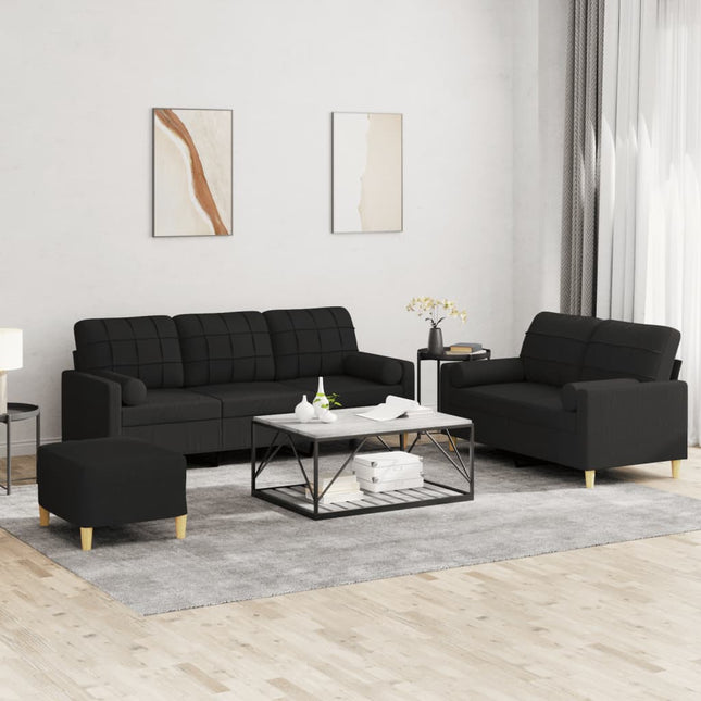 sofasæt 3 dele med puder stof sort