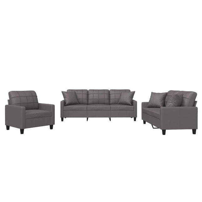sofasæt 3 dele med puder kunstlæder grå