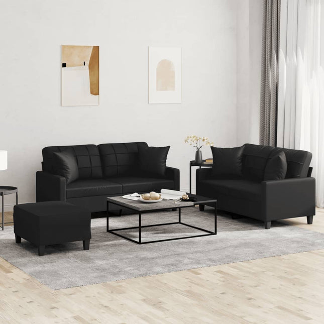 sofasæt 3 dele med puder kunstlæder sort