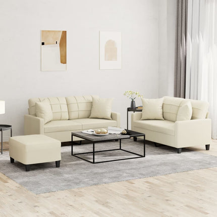 sofasæt 3 dele med puder kunstlæder cremefarvet