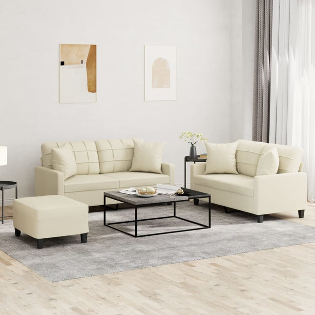 sofasæt 3 dele med puder kunstlæder cremefarvet