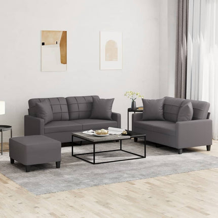 sofasæt 3 dele med puder kunstlæder grå