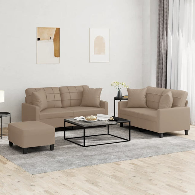 sofasæt 3 dele med puder kunstlæder cappuccinofarvet