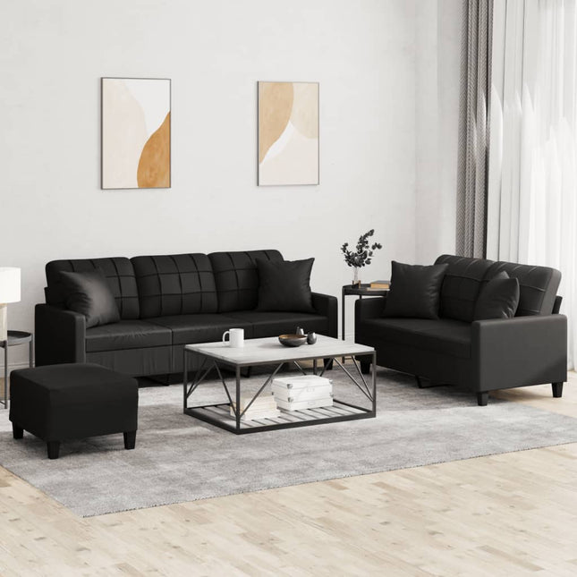 sofasæt 3 dele med puder kunstlæder sort