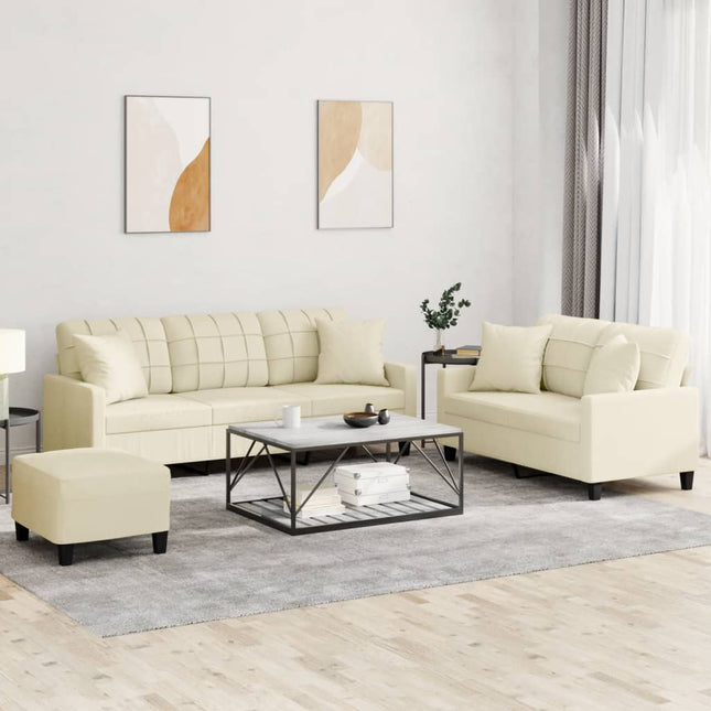sofasæt 3 dele med puder kunstlæder cremefarvet