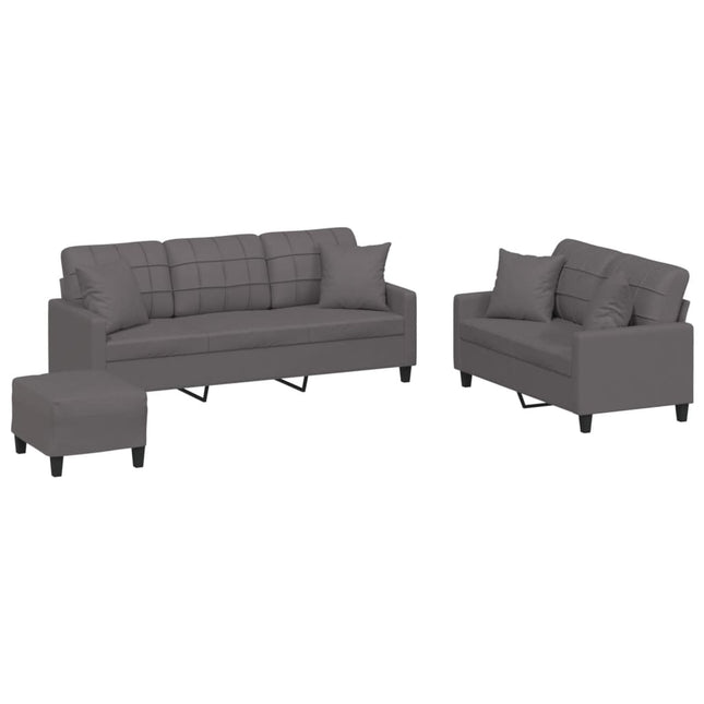 sofasæt 3 dele med puder kunstlæder grå