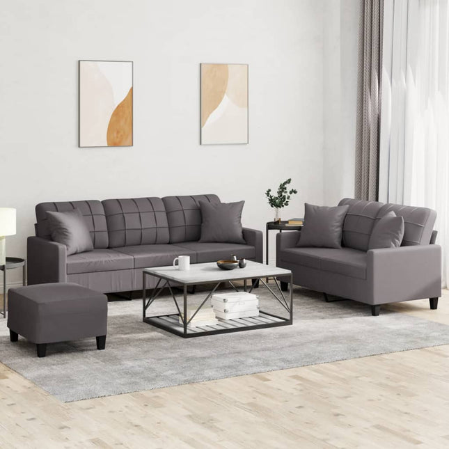 sofasæt 3 dele med puder kunstlæder grå
