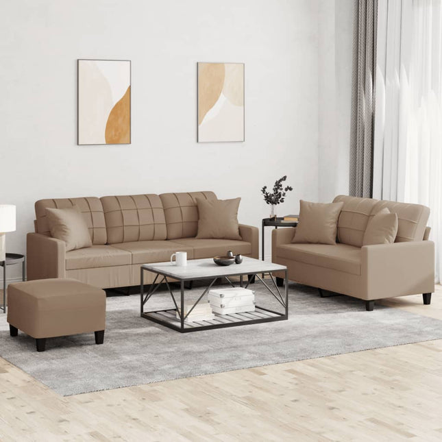 sofasæt 3 dele med puder kunstlæder cappuccinofarvet