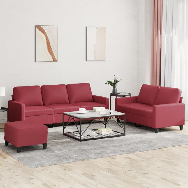 sofasæt 3 dele med hynder kunstlæder vinrød