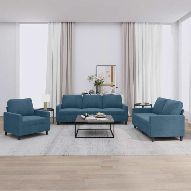 sofasæt 3 dele med hynder velour blå