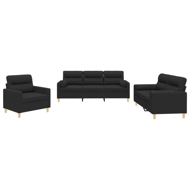 sofasæt 3 dele med puder stof sort