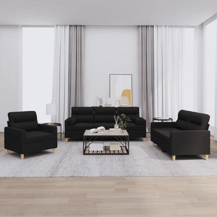 sofasæt 3 dele med puder stof sort