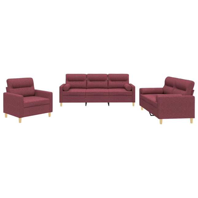 sofasæt 3 dele med puder stof vinrød