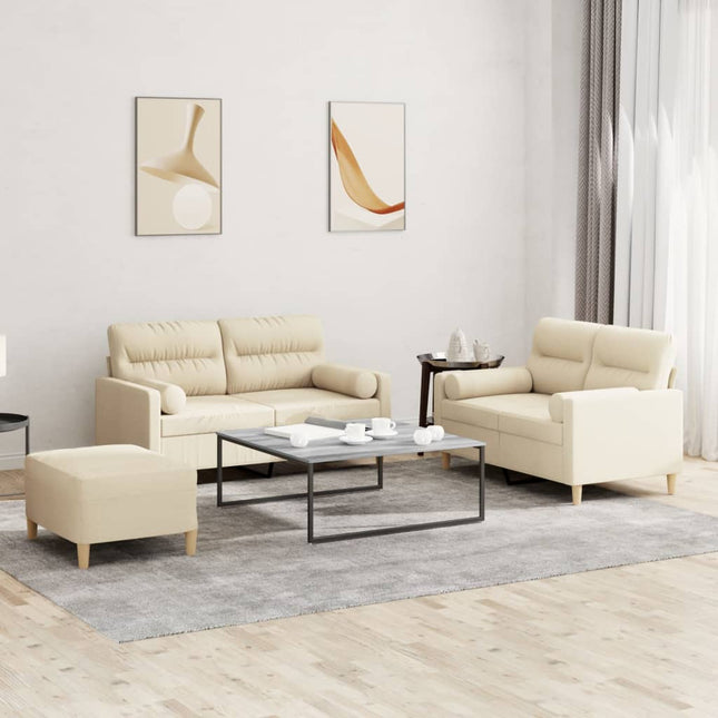 sofasæt 3 dele med puder stof cremefarvet