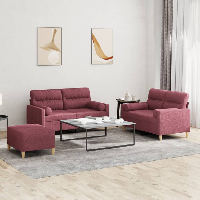 sofasæt 3 dele med puder stof vinrød