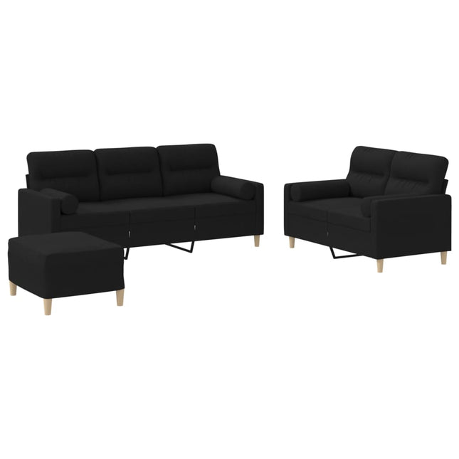 sofasæt 3 dele med puder stof sort