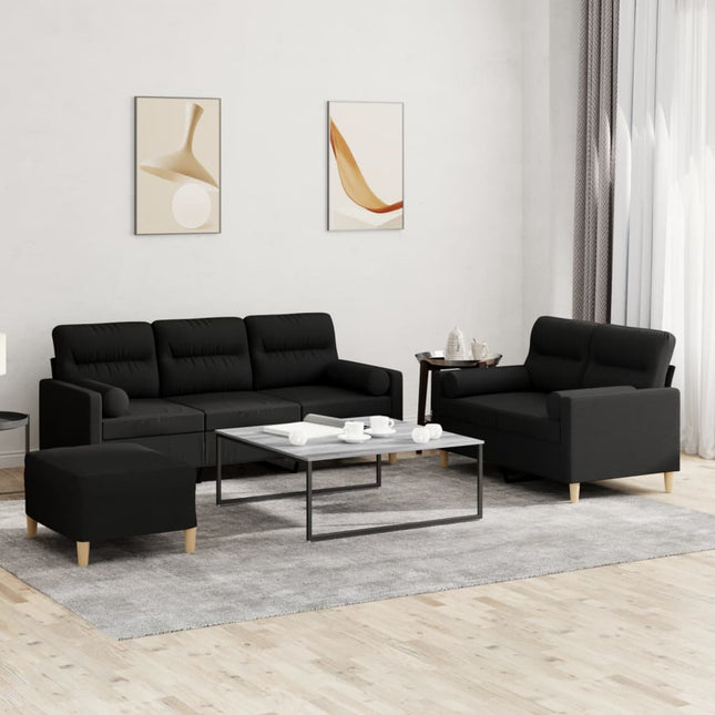 sofasæt 3 dele med puder stof sort