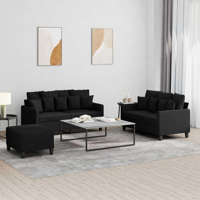 sofasæt 3 dele med hynder stof sort