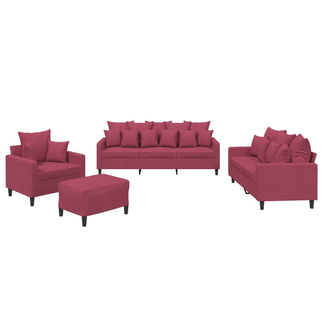 sofasæt 4 dele med hynder velour vinrød