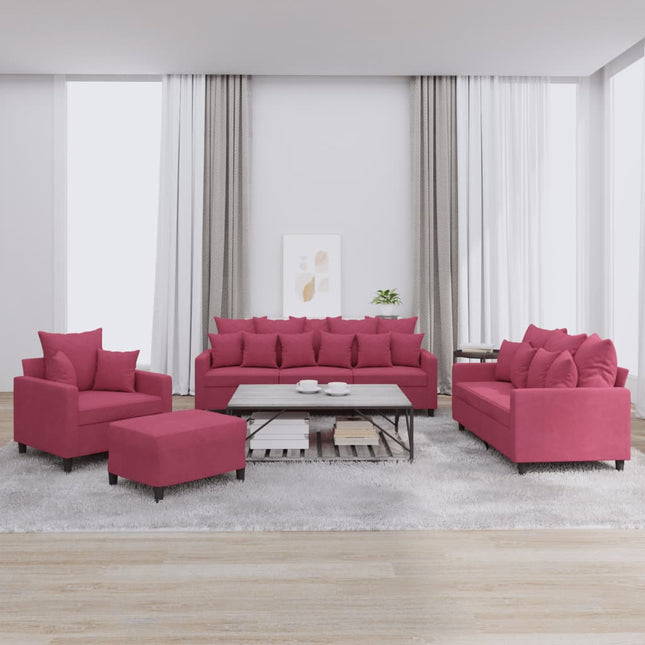 sofasæt 4 dele med hynder velour vinrød